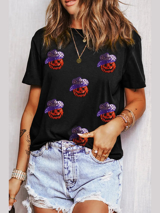 Sequin Pumpkin Round Neck Short Sleeve T-Shirt