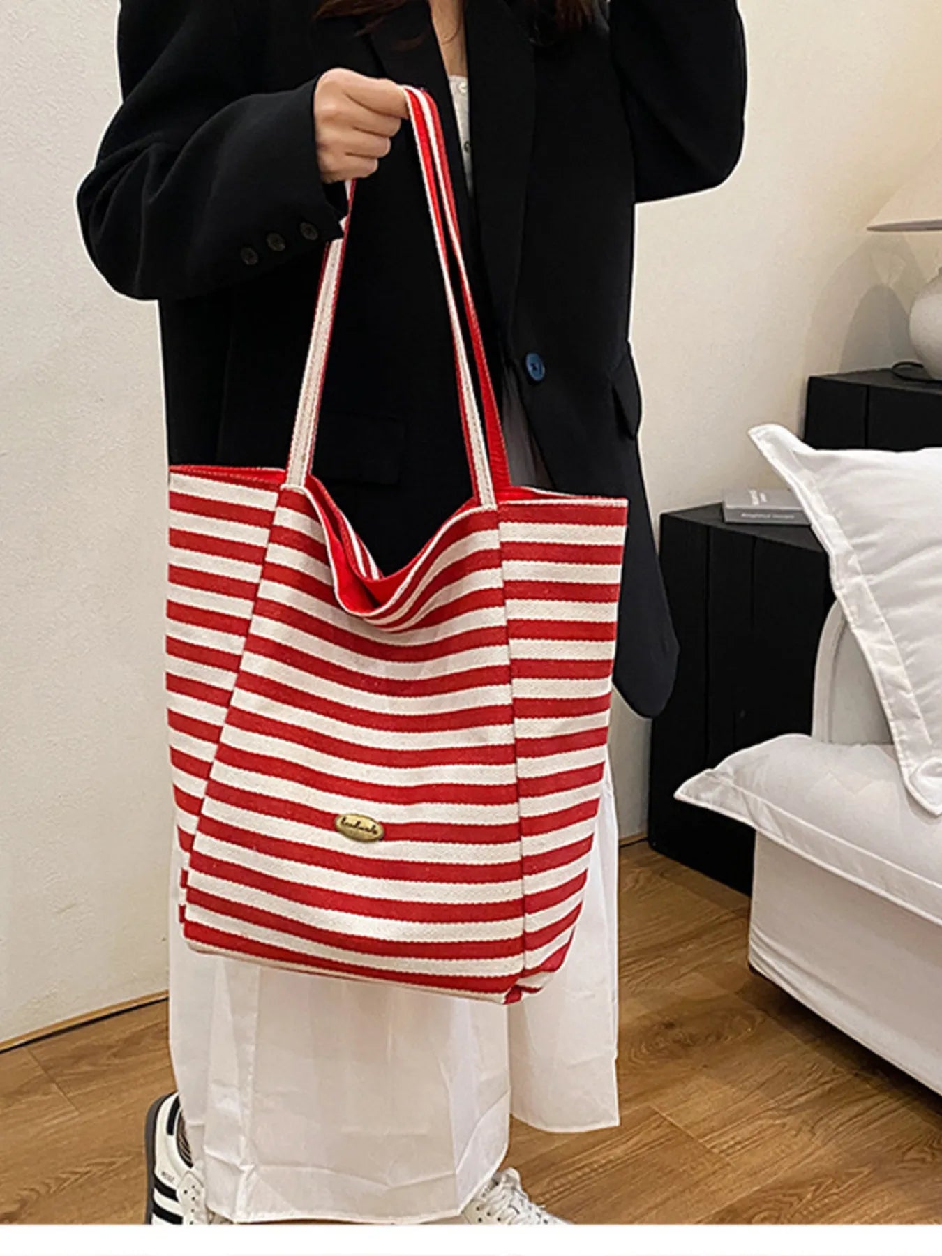 Striped Canvas Tote Bag Trendsi