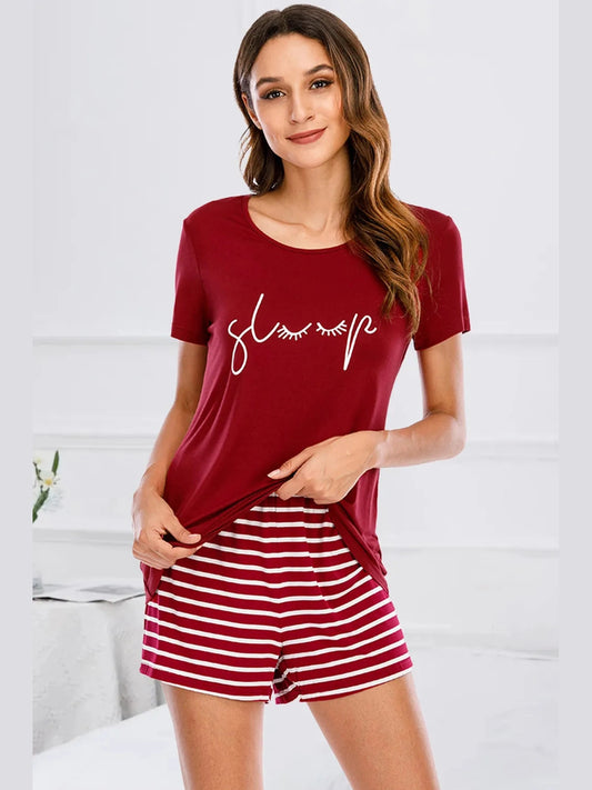 Graphic Round Neck Top and Striped Shorts Lounge Set nicholesgifts