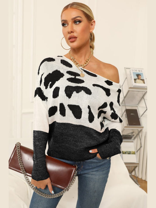 Full Size Two-Tone Boat Neck Sweater Trendsi