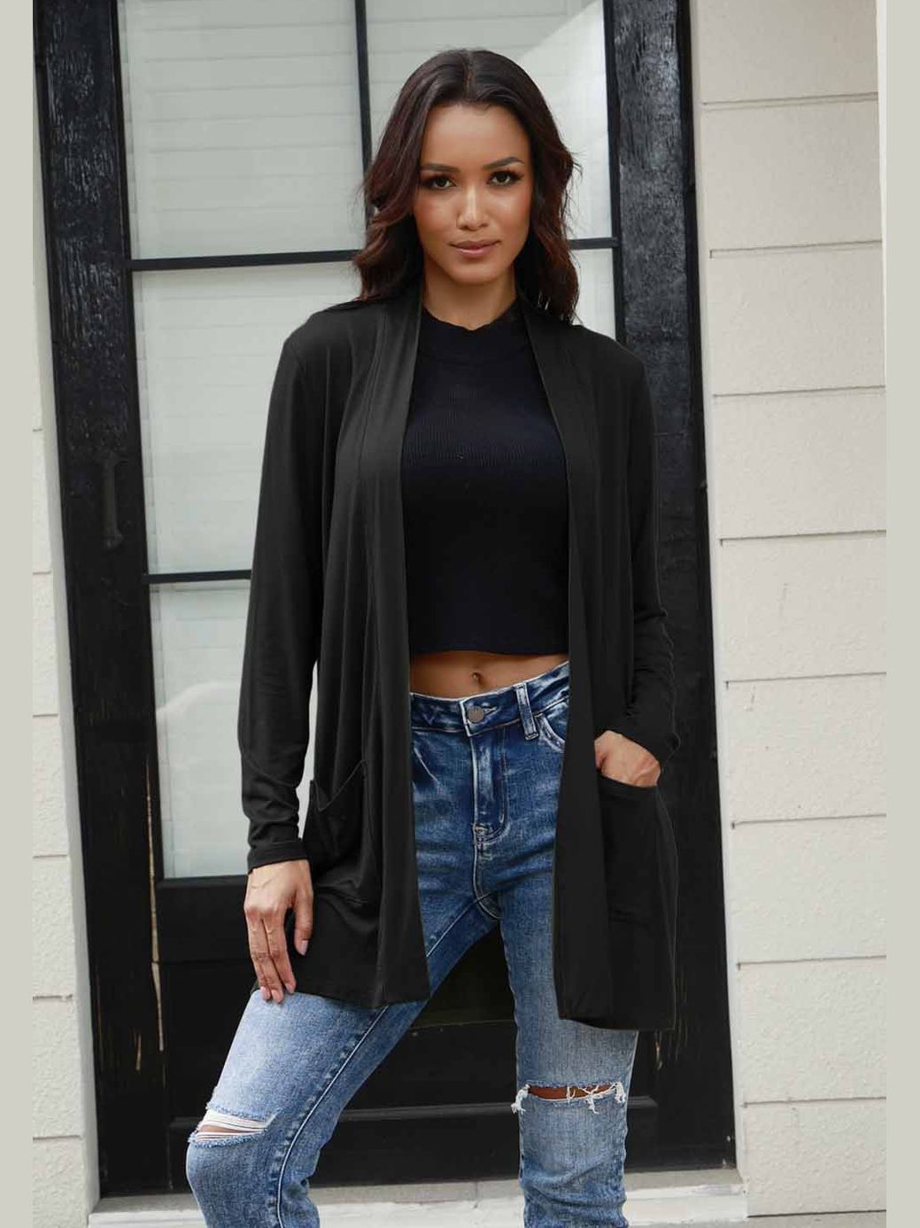 NicholesGifts Women Basic Bae Full Size Open Front Long Sleeve Cardigan with Pockets