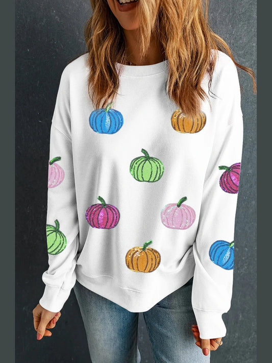 Pumpkin Round Neck Long Sleeve Sweatshirt