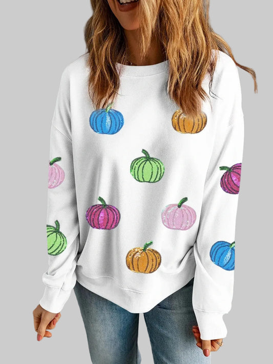 Women Pumpkin Round Neck Long Sleeve Sweatshirt nicholesgifts