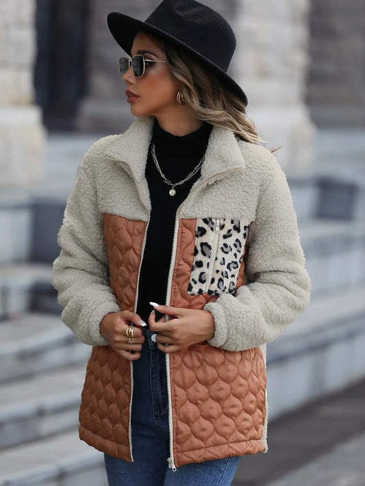 Leopard Color Block Zip-Up Jacket nicholesgifts