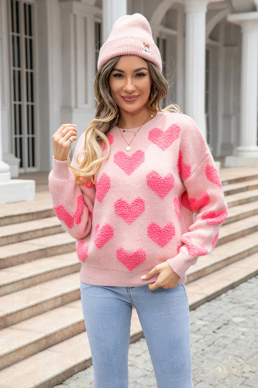 NicholesGifts Angel Wings Round Neck Dropped Shoulder Sweater with Heart Pattern NicholesGifts