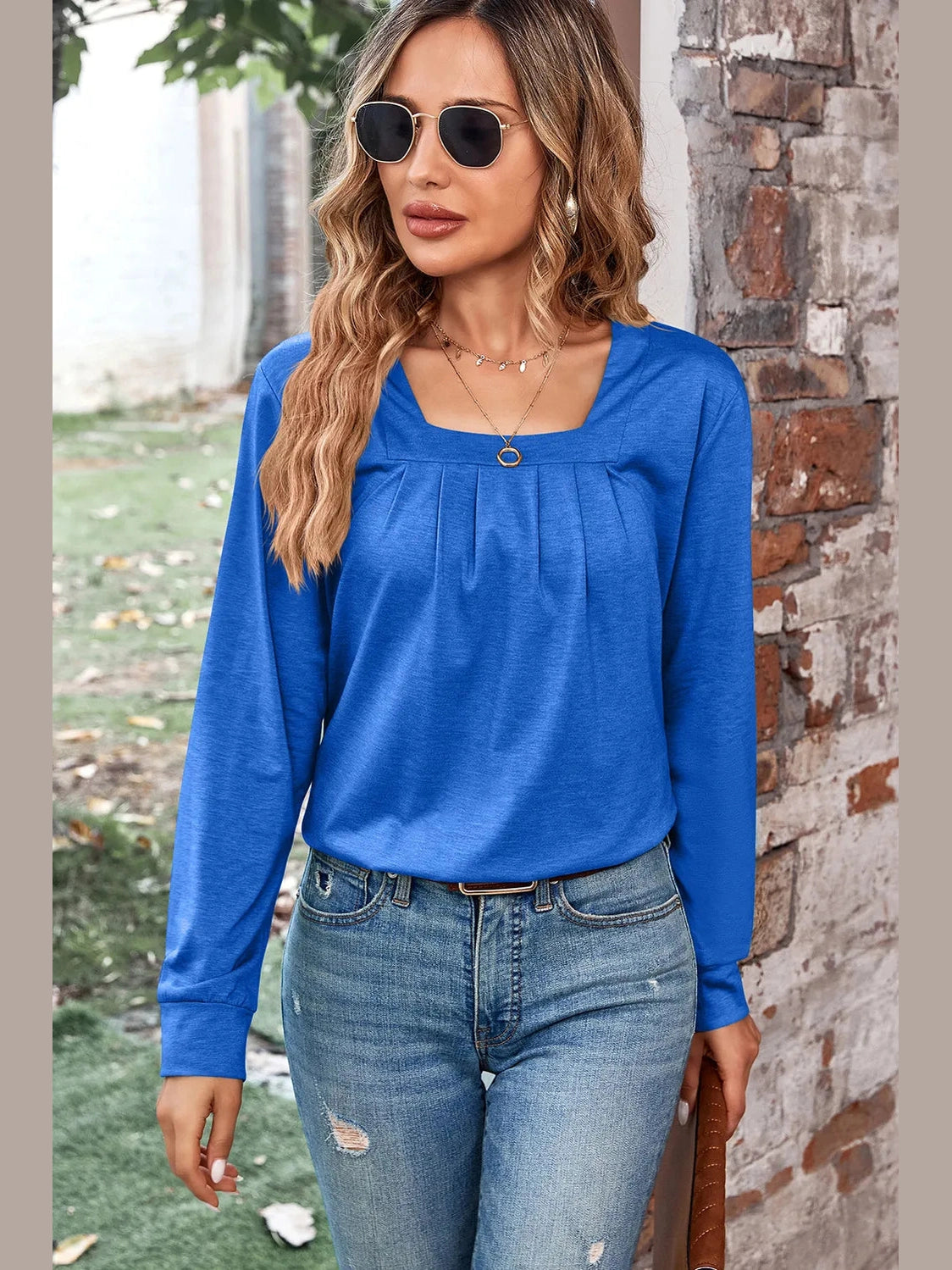Ruched Square Neck Long Sleeve T-Shirt NicholesGifts