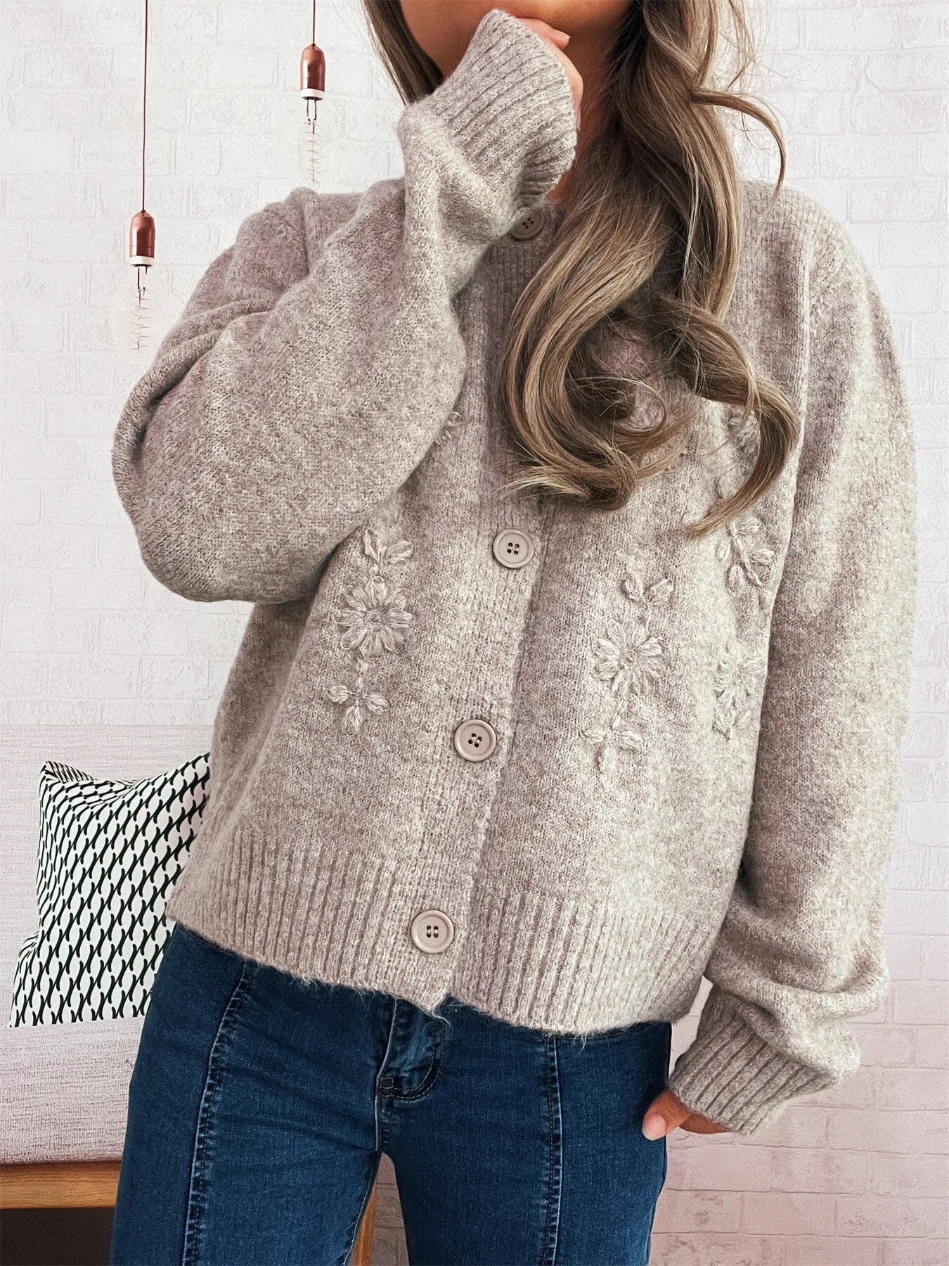 Flower Button Up Ribbed Hem Cardigan