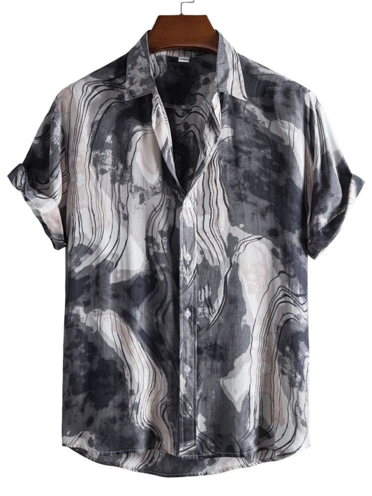 Men's Plus Size Abstract Marble Print Short Sleeve Button-Up Shirt NicholesGifts