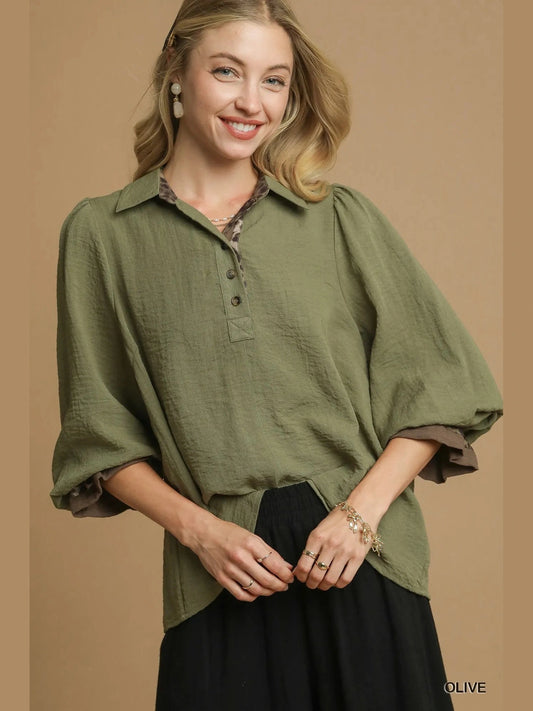 Umgee Half Button Blouse with Leopard Print Trim NicholesGifts