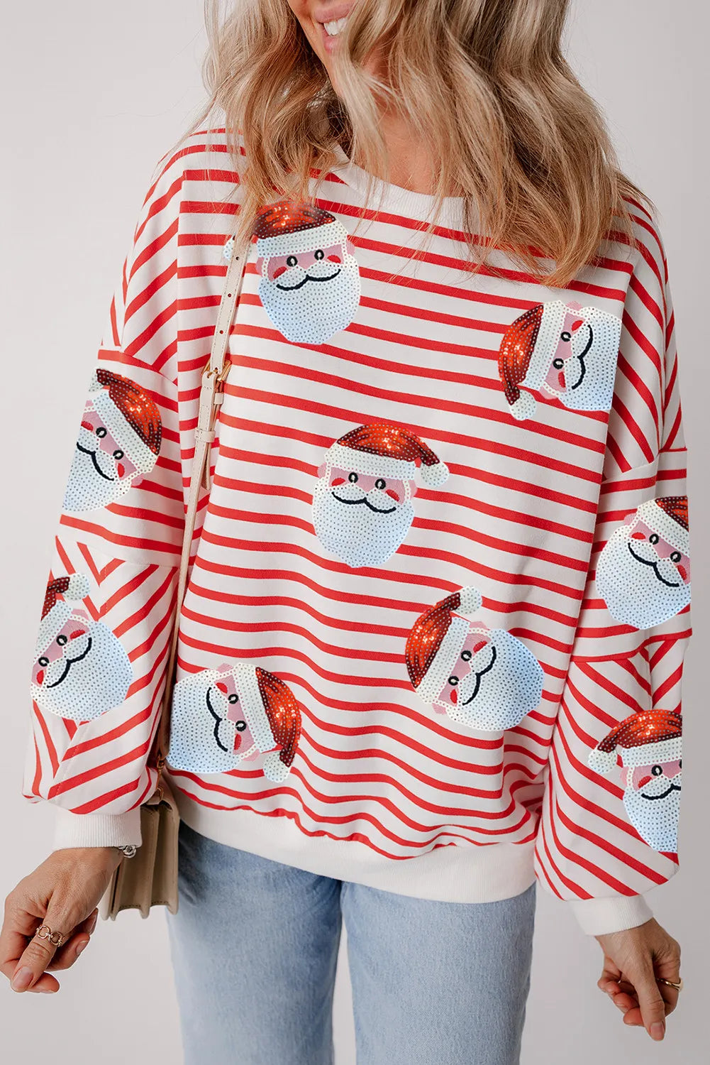 NicholesGifts Women Sequin Santa Striped Round Neck Long Sleeve Sweatshirt NicholesGifts