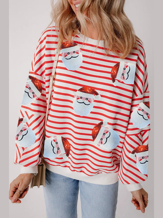 NicholesGifts Women Sequin Santa Striped Round Neck Long Sleeve Sweatshirt NicholesGifts