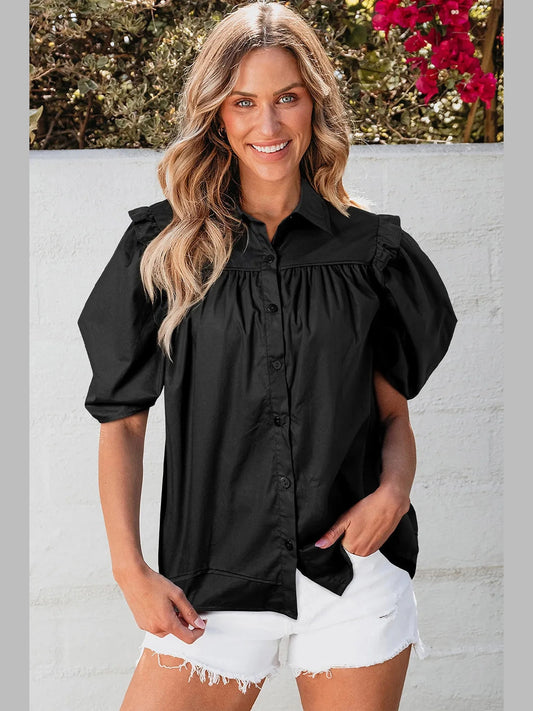 Button Up Collared Neck Short Sleeve Shirt
