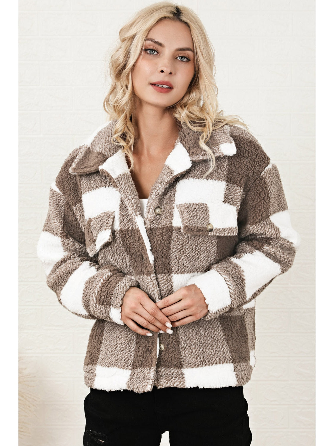 Plaid Collared Neck Drop Shoulder Jacket NicholesGifts