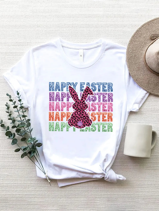 HAPPY EASTER Round Neck Short Sleeve T-Shirt Trendsi