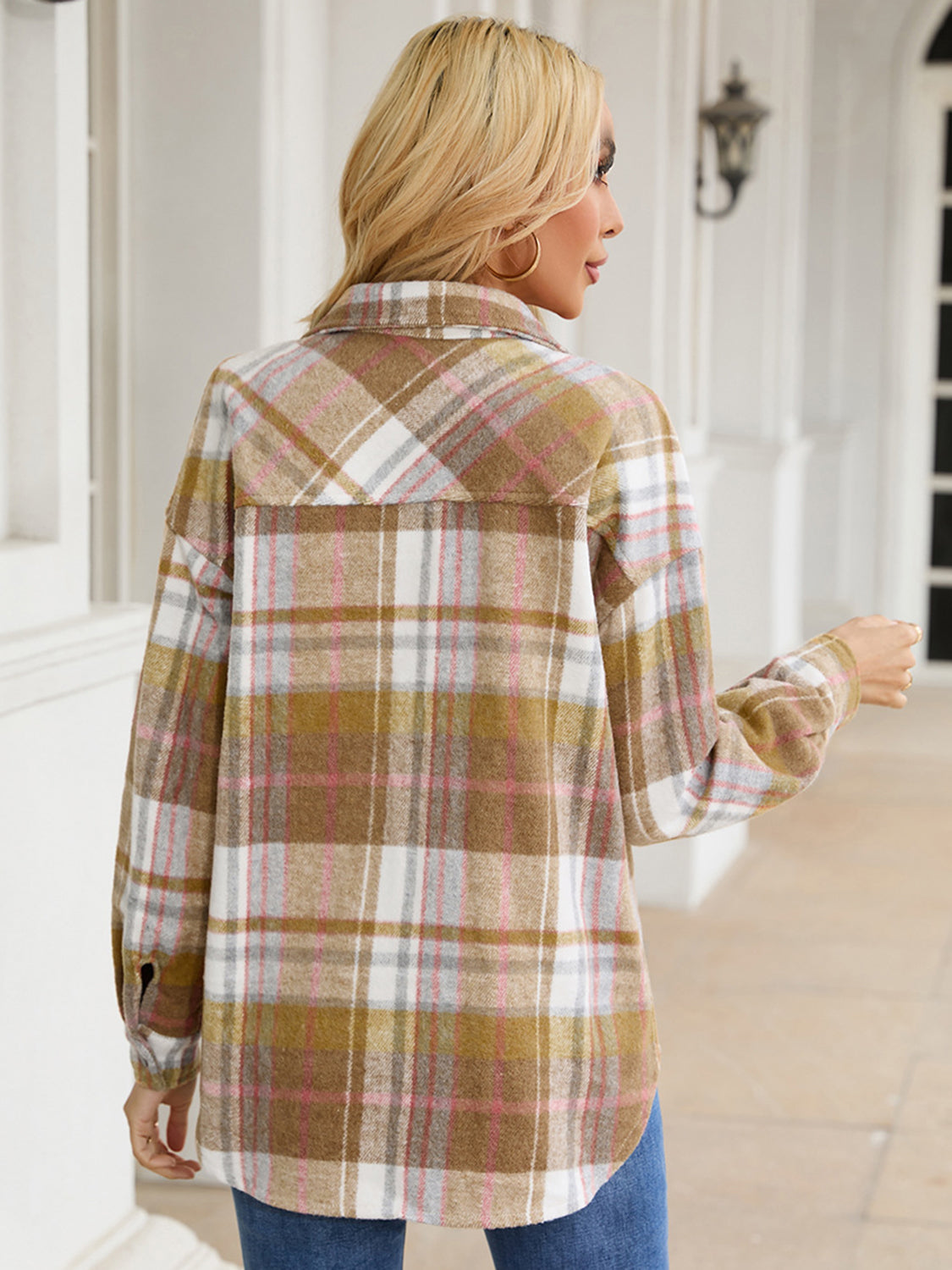 Snap Up Plaid Collared Neck Jacket with Pocket NicholesGifts