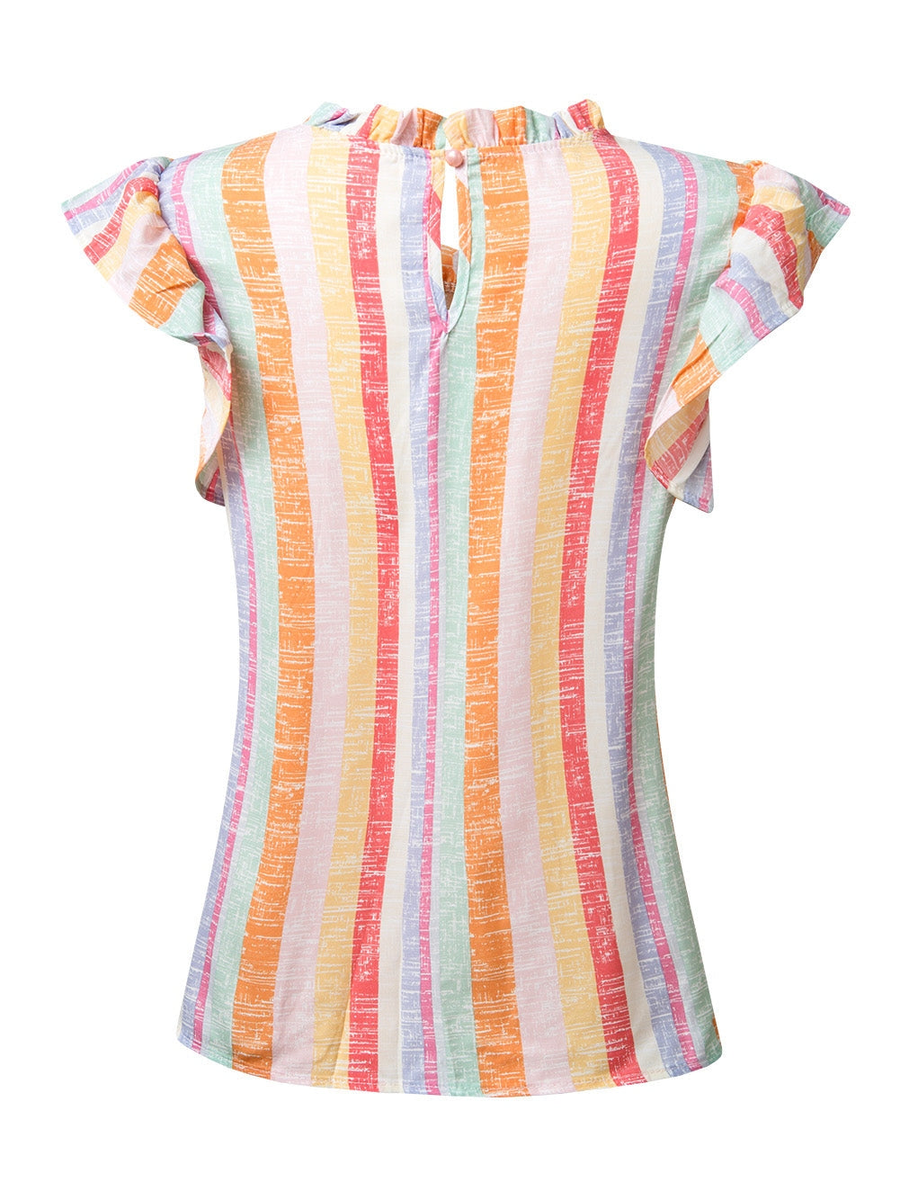 Ruffled Striped Round Neck Cap Sleeve Blouse