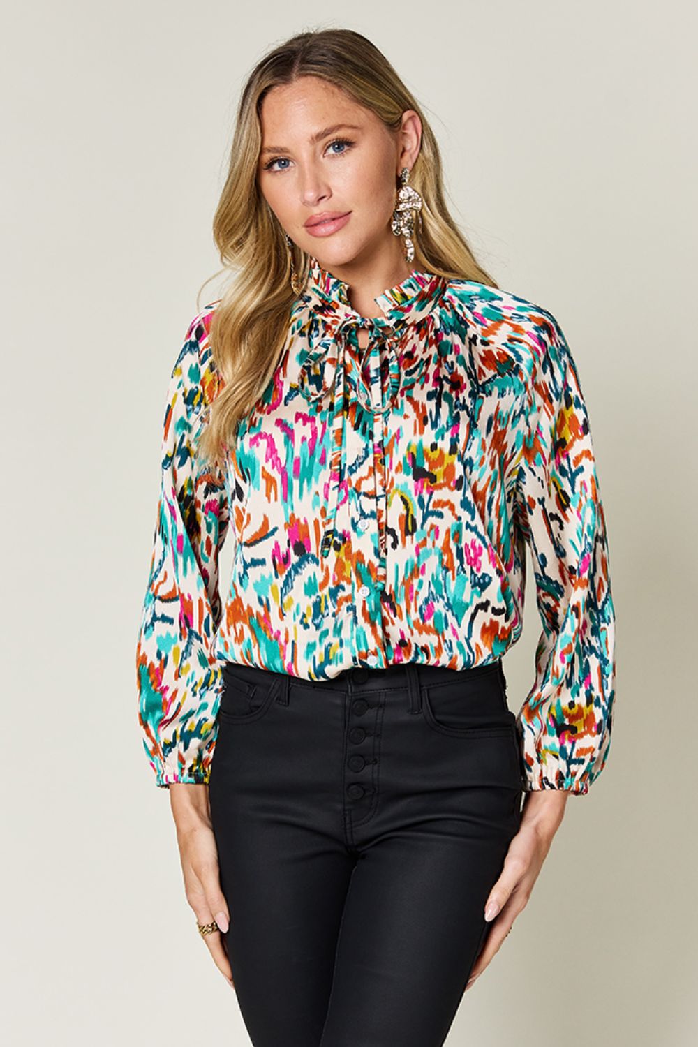 Women Double Take Full Size Printed Button Up Long Sleeve Shirt NicholesGifts