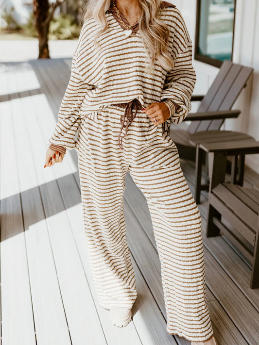 Stripe Collared Top and Drawstring Pant Set Trendsi