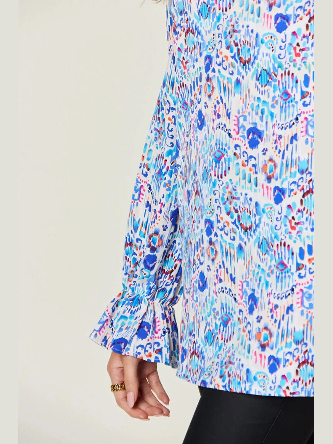 Double Take Full Size Printed Flounce Sleeve Blouse