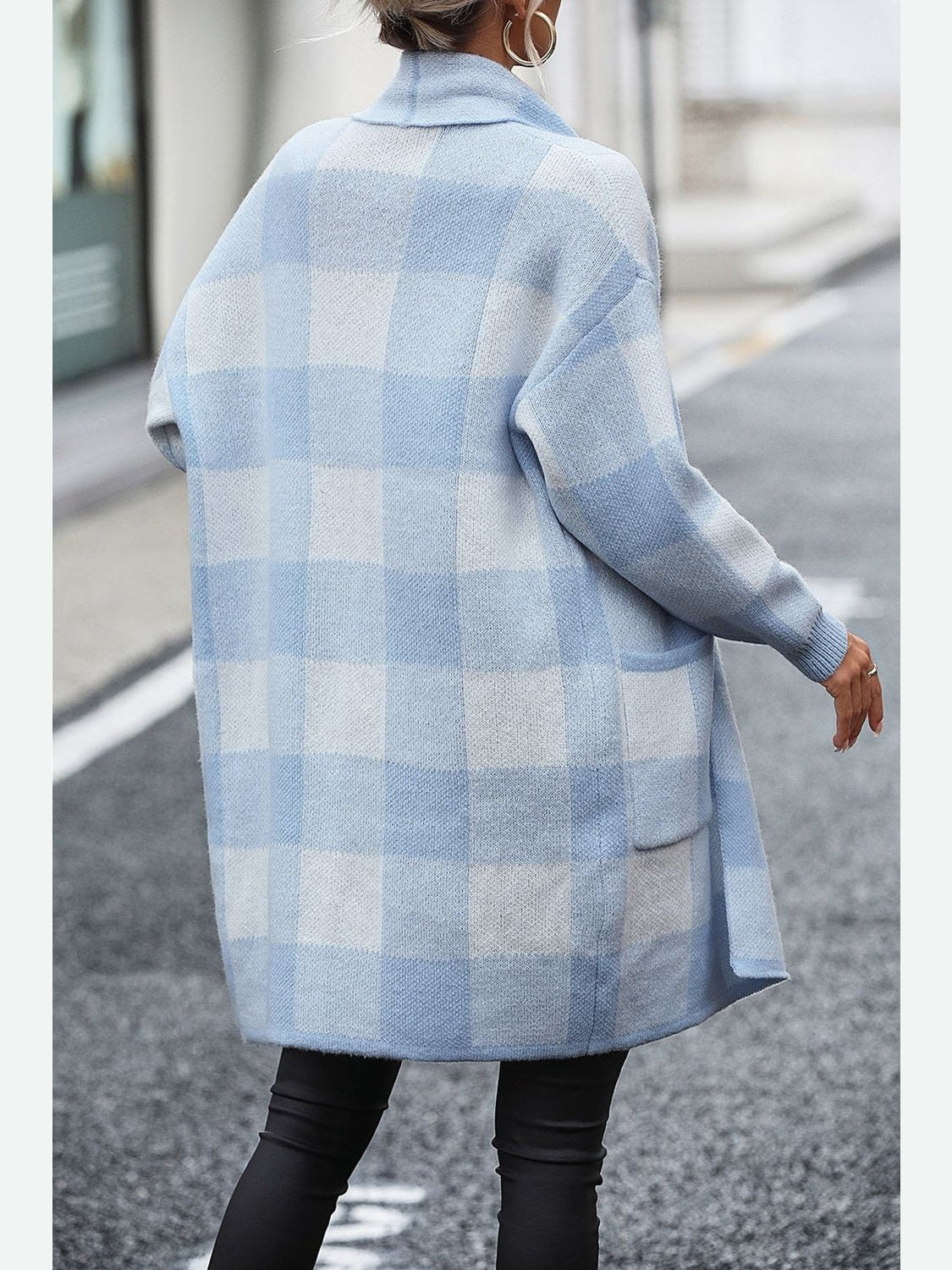 Women Plaid Dropped Shoulder Cardigan with Pocket NicholesGifts