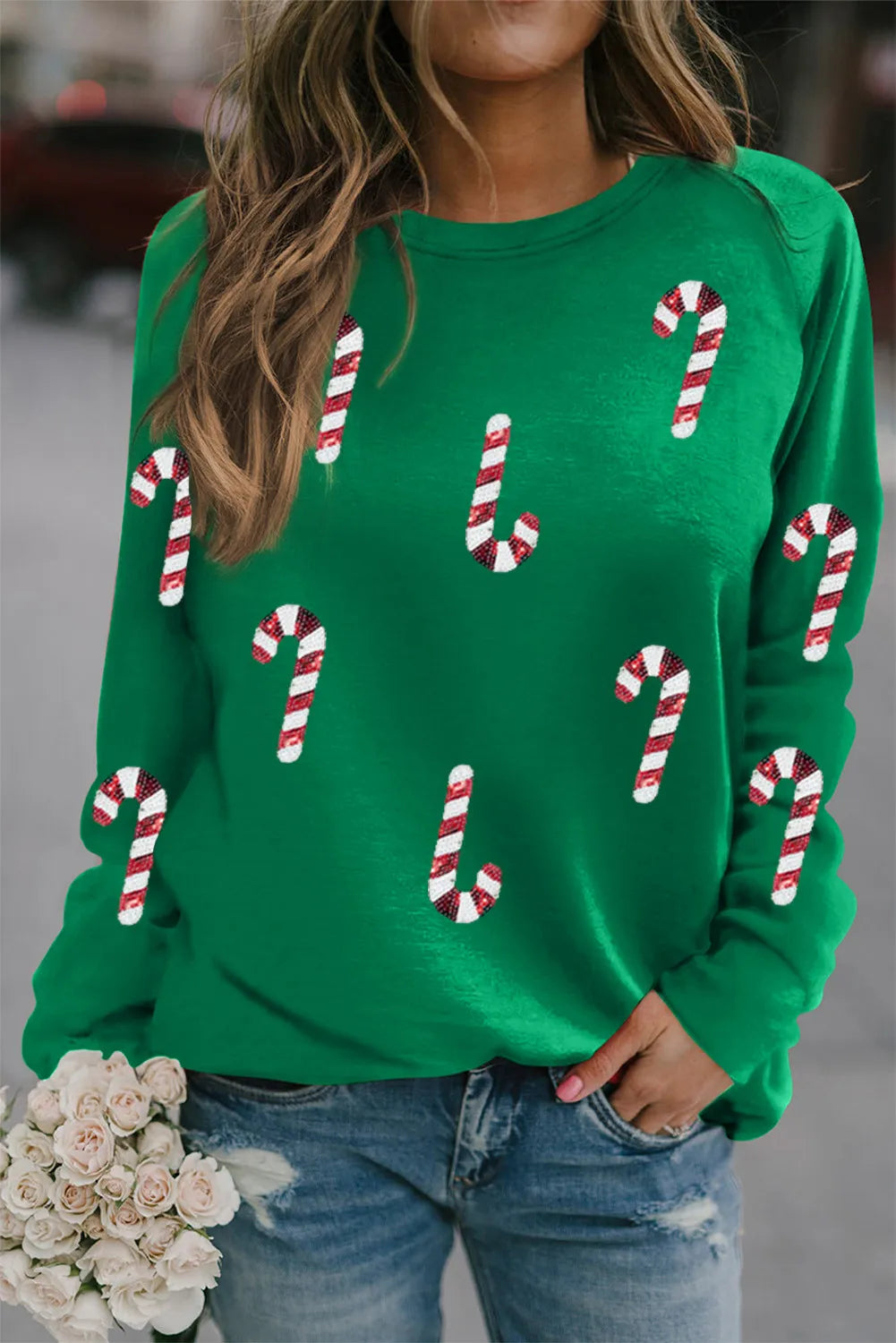 Candy Cane Round Neck Long Sleeve Sweatshirt NicholesGifts
