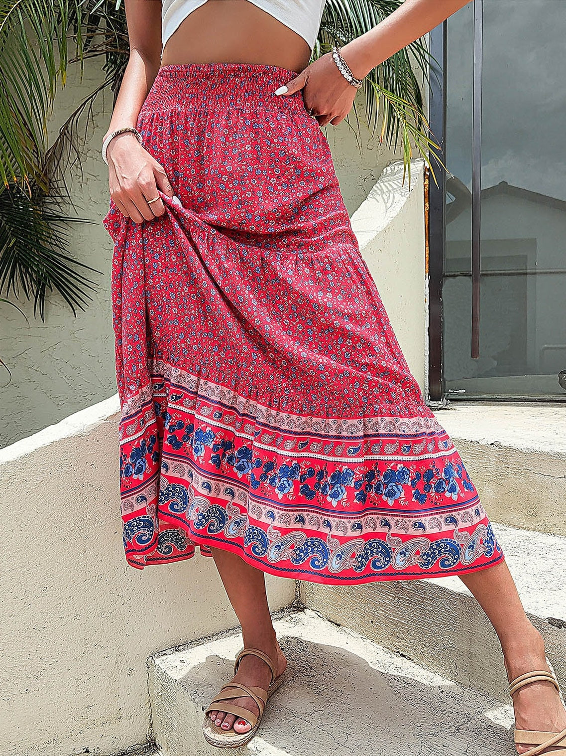 Women Floral Printed Tiered High Waist Skirt NicholesGifts