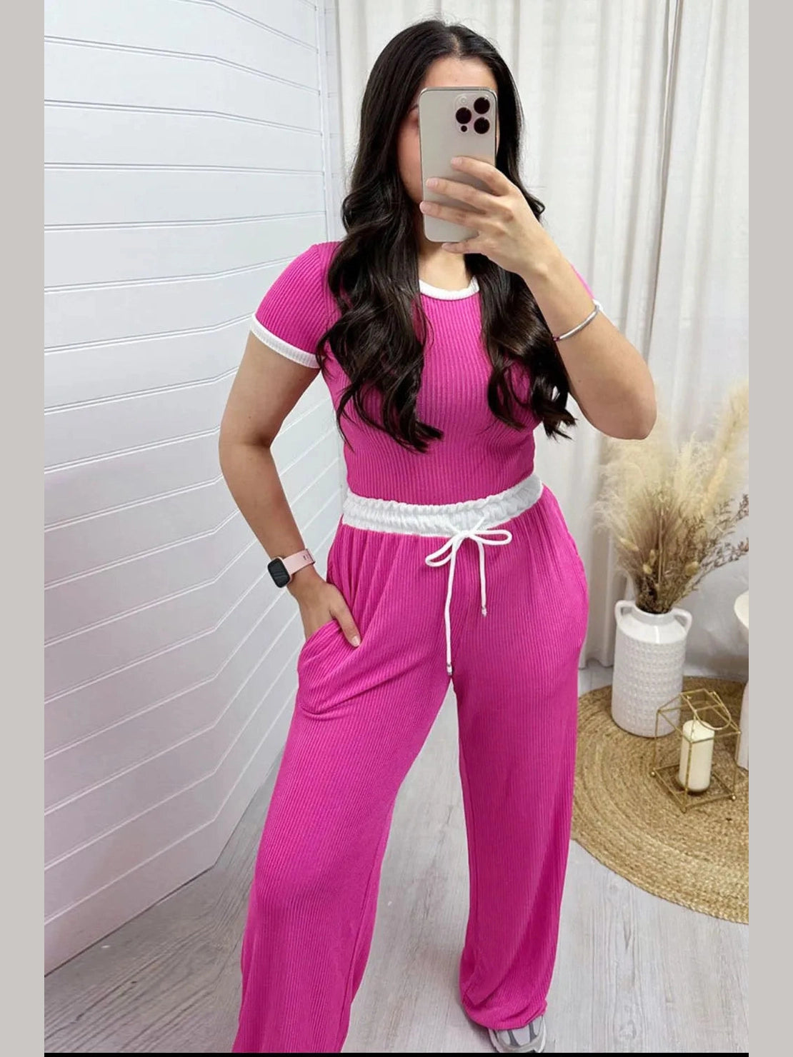 Contrast Trim Round Neck Top and Pants Set nicholesgifts