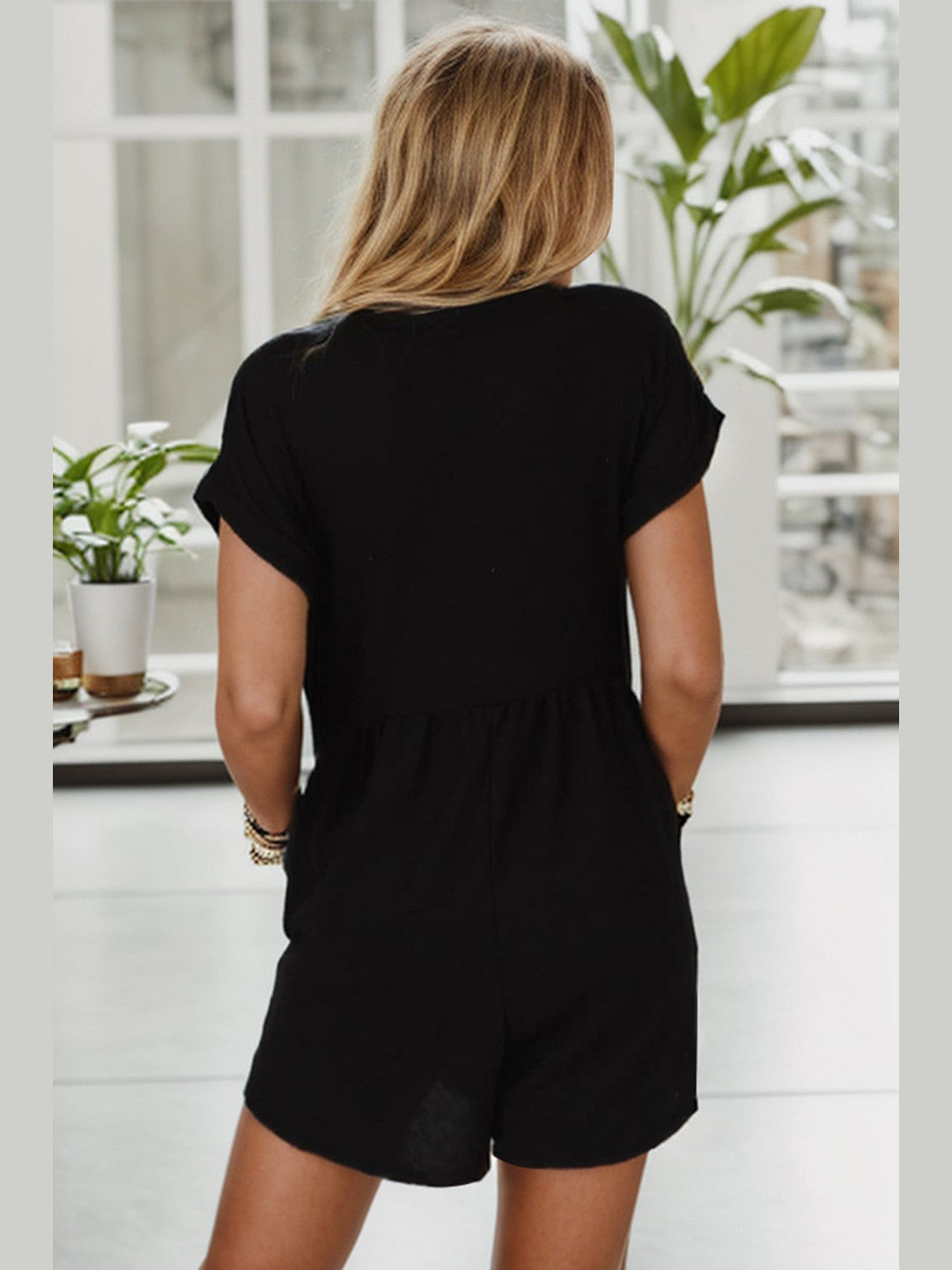 Pocketed V-Neck Short Sleeve Romper NicholesGifts