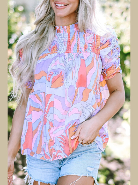 Smocked Round Neck Short Sleeve Blouse