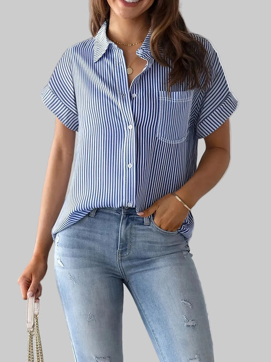 Full Size Striped Button-Up Casual Shirt with Pocket Plus Size nicholesgifts