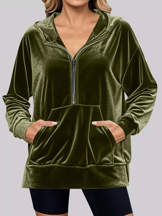 Full Size Half Zip Kangaroo Pocket Hoodie Plus Size Trendsi
