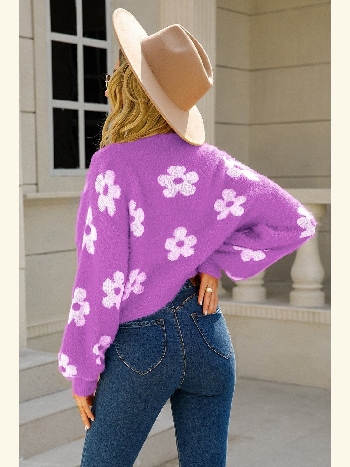 Women Floral Open Front Fuzzy Cardigan