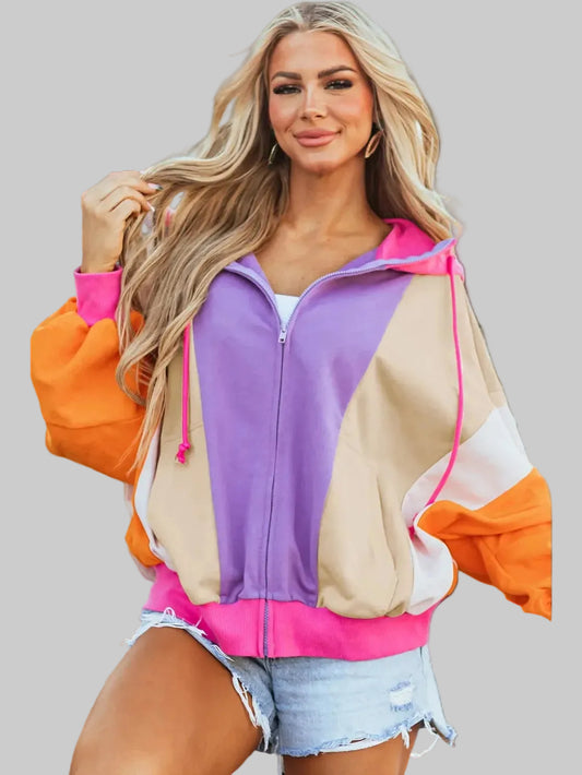 Women Drawstring Color Block Zip Up Long Sleeve Hoodie nicholesgifts