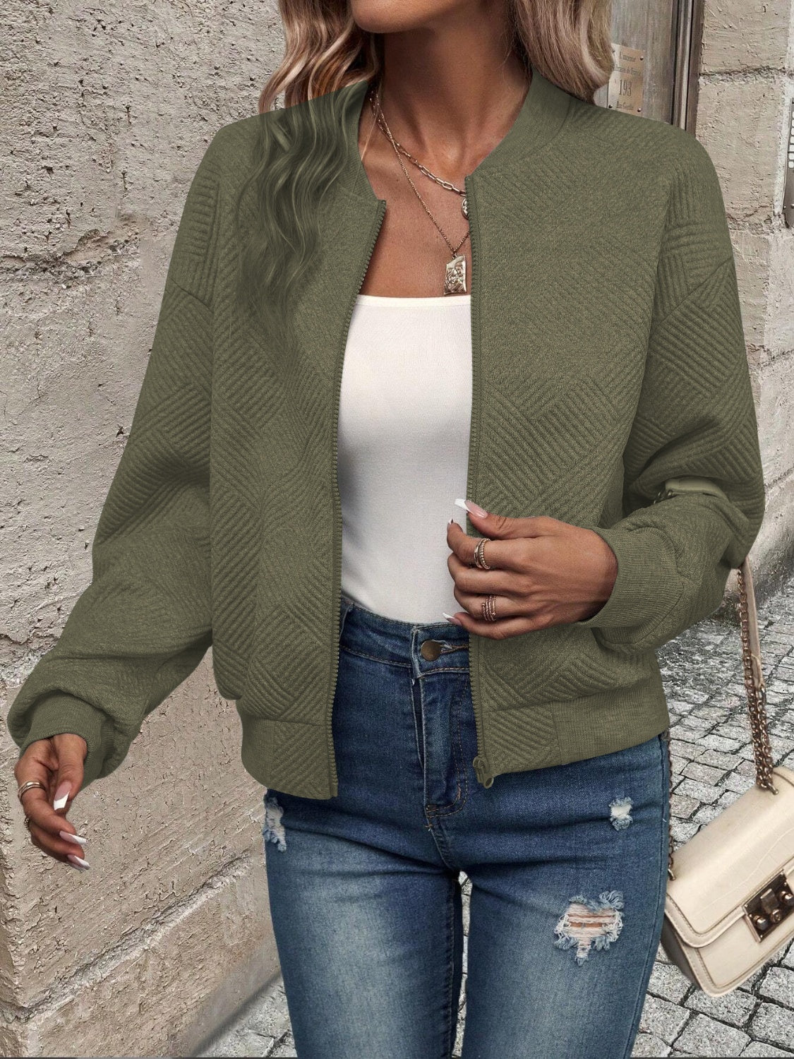 Textured Zip Up Long Sleeve Jacket NicholesGifts
