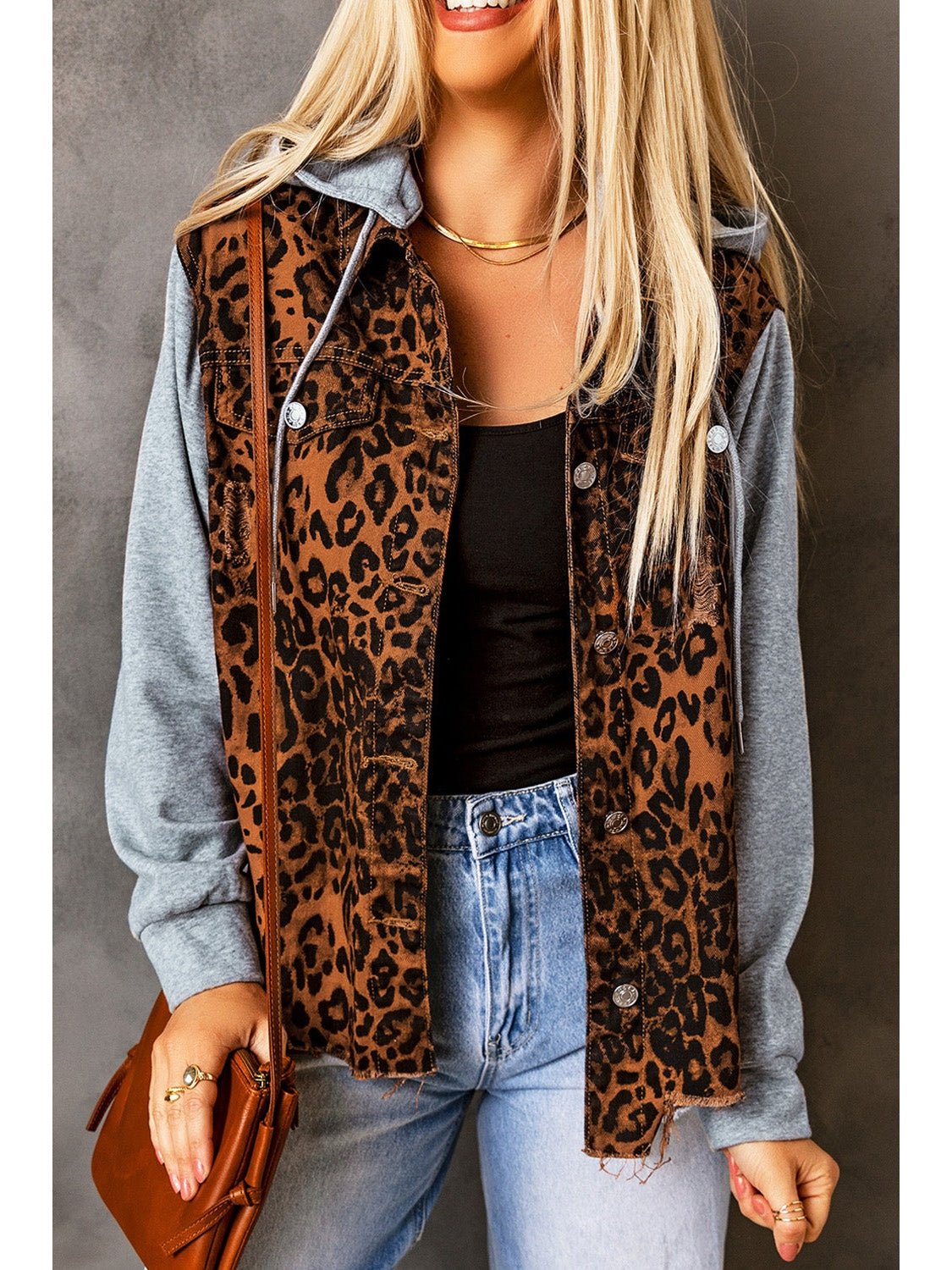 NicholesGifts Women Leopard Distressed Drawstring Hooded Denim Jacket NicholesGifts