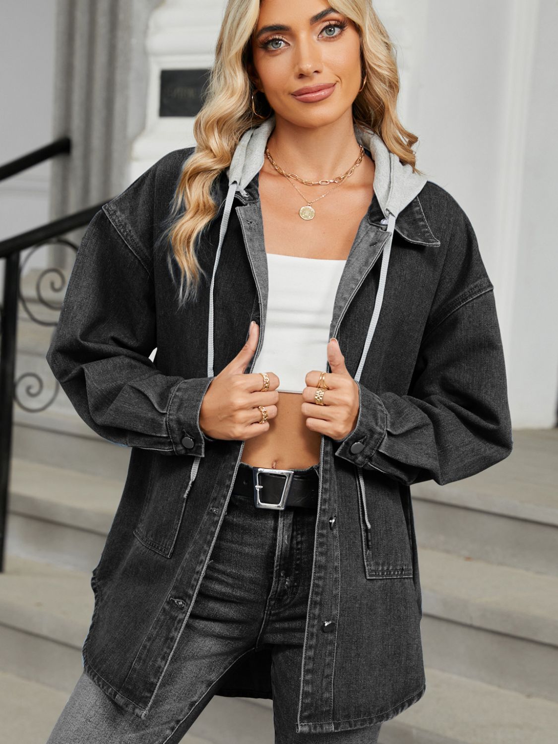 Removable Hood Button Up Long Sleeve Denim Jacket NicholesGifts