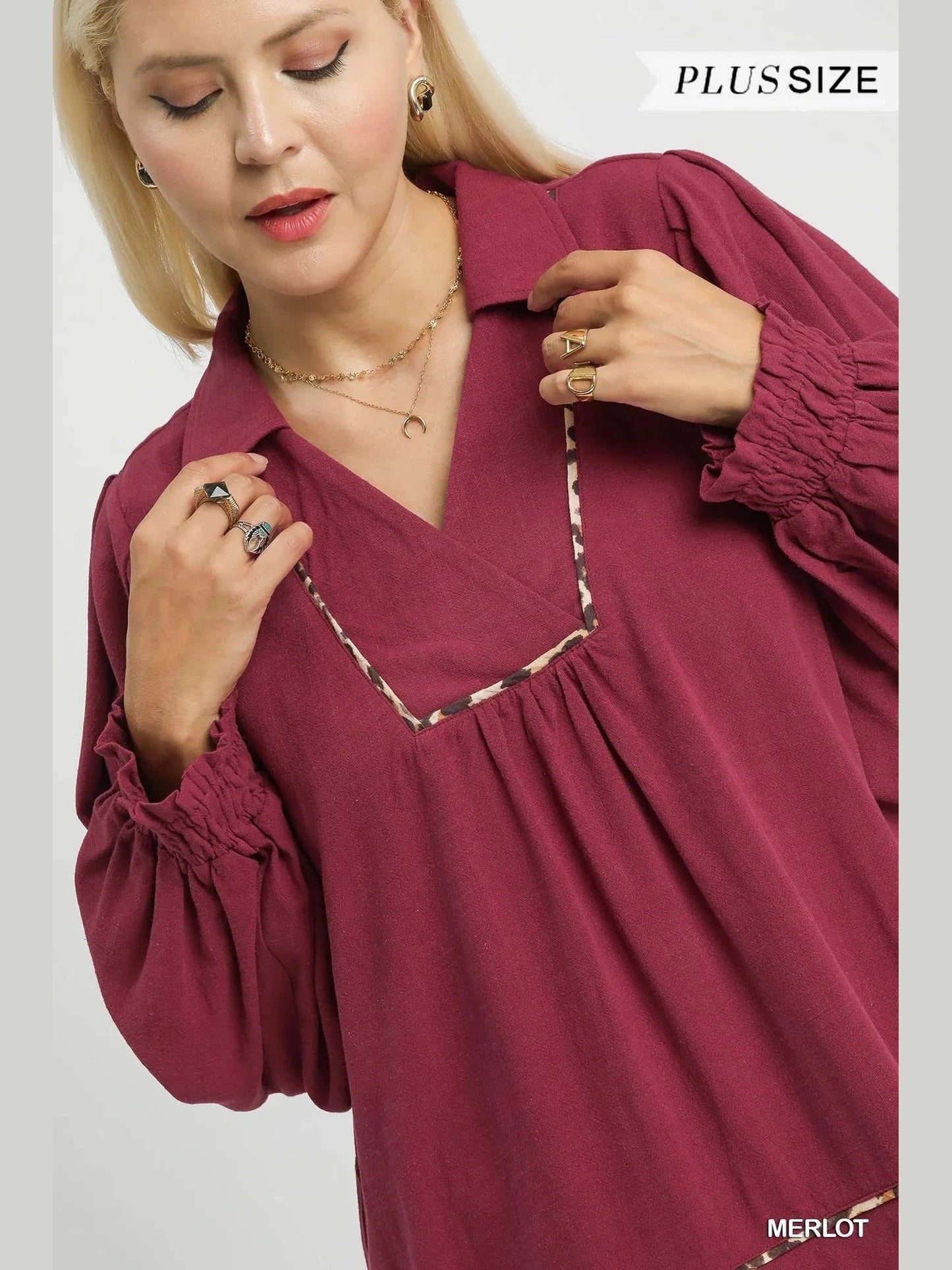 Women Umgee Full Size Linen Scallop Hem Long Sleeve Blouse with Contrast Trim Plus Size NicholesGifts