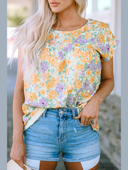 Printed Round Neck Cap Sleeve Blouse NicholesGifts