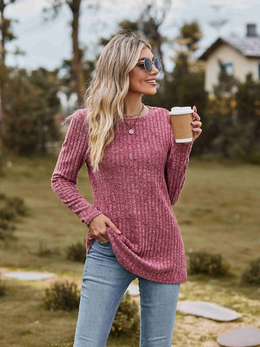 Ribbed Round Neck Long Sleeve Tee NicholesGifts
