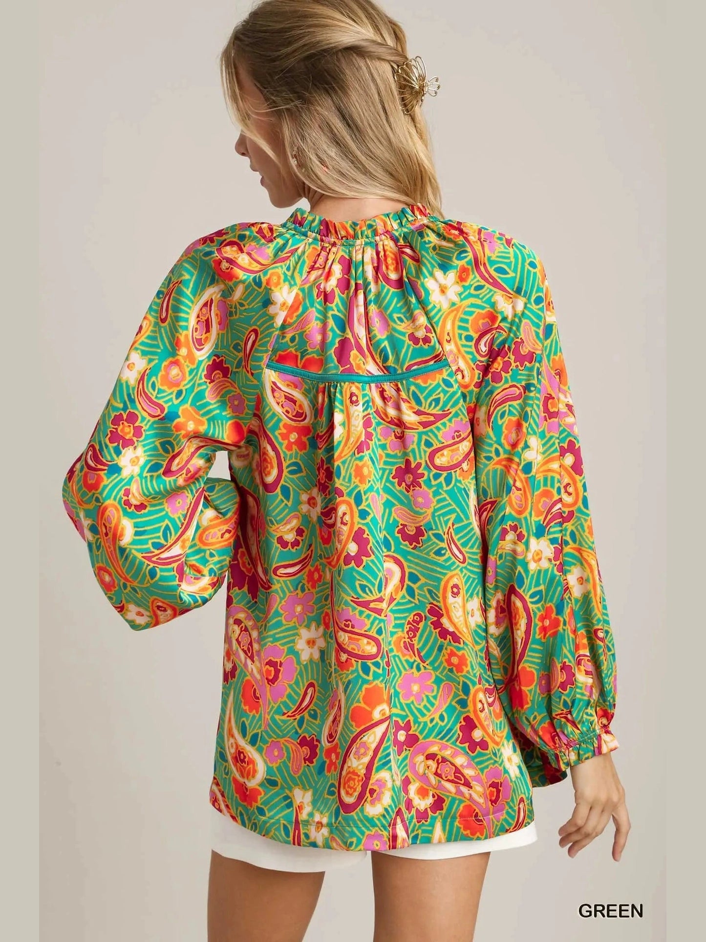 Women Umgee Satin Paisley Ruffle Neck Button-Up Long Sleeve Shirt NicholesGifts