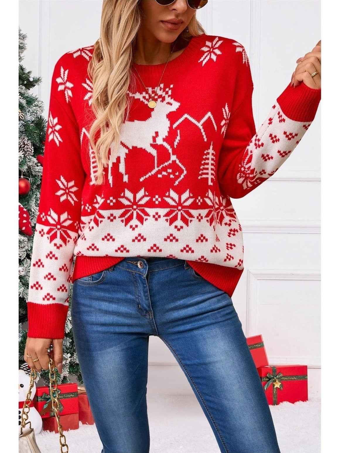 Angel Wings Deer Pattern Round Neck Long Sleeve Sweater