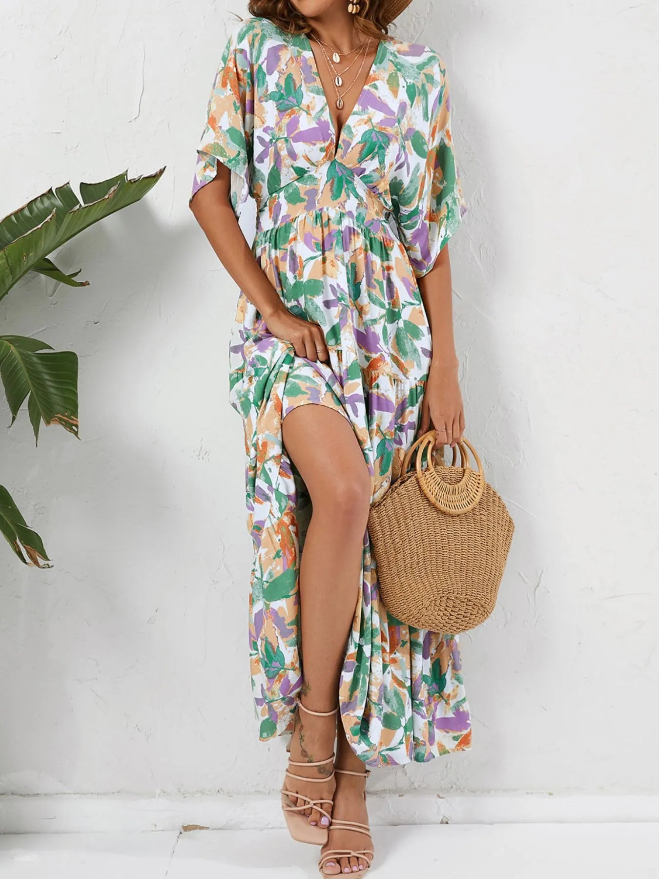 Floral Print V-neck Boho Midi Dress Trendsi