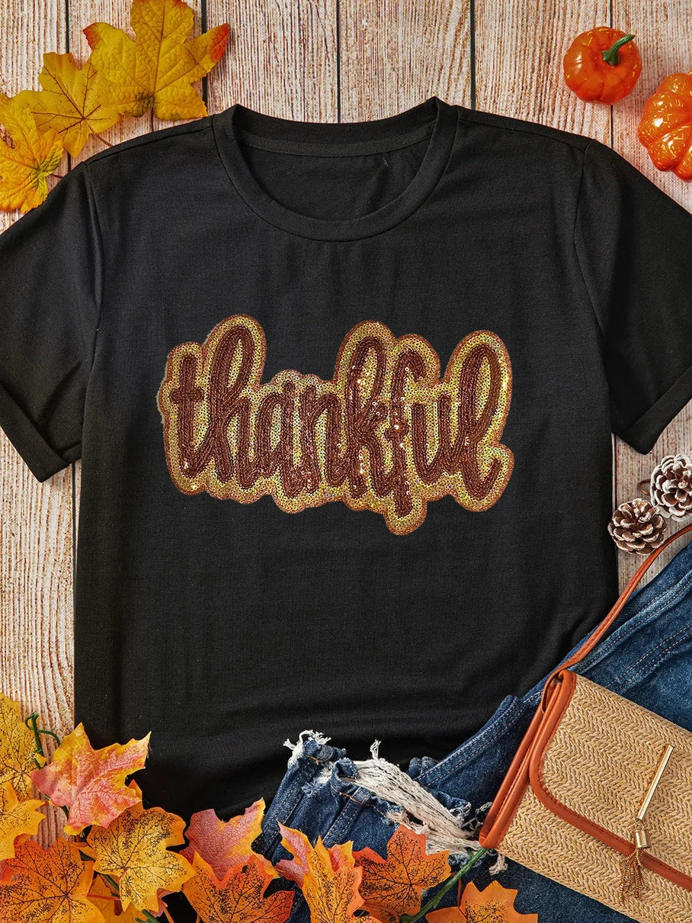 THANKFUL Sequin Round Neck Short Sleeve T-Shirt Trendsi