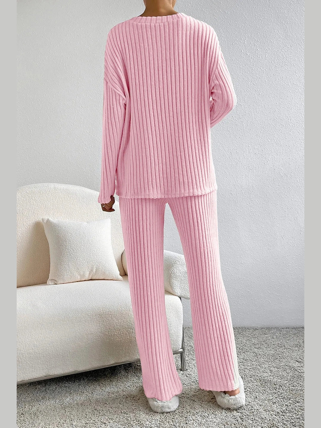 Ribbed V-Neck Top and Pants Lounge Set nicholesgifts