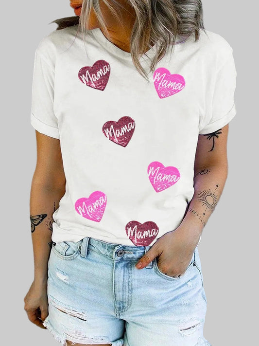 MAMA Heart Shape Sequin Patched Crew Neck T Shirt nicholesgifts