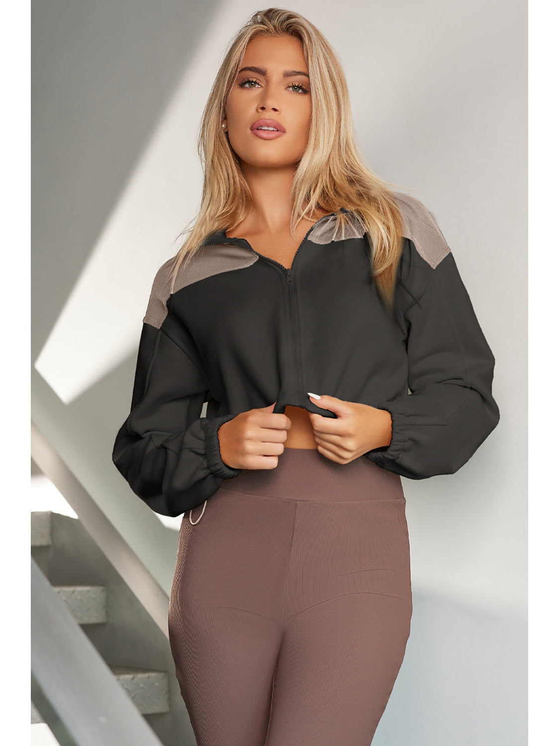 NicholesGifts Women Contrast Drawstring Zip Up Jacket NicholesGifts