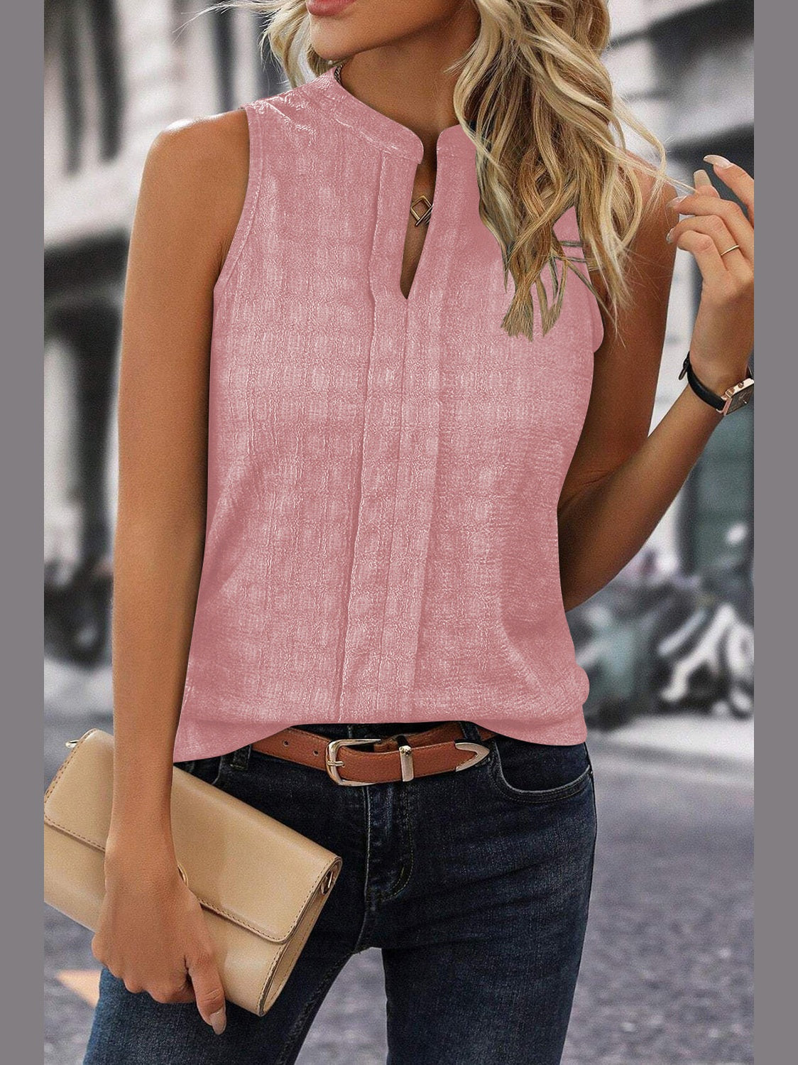 Solid Notched Sleeveless Blouse