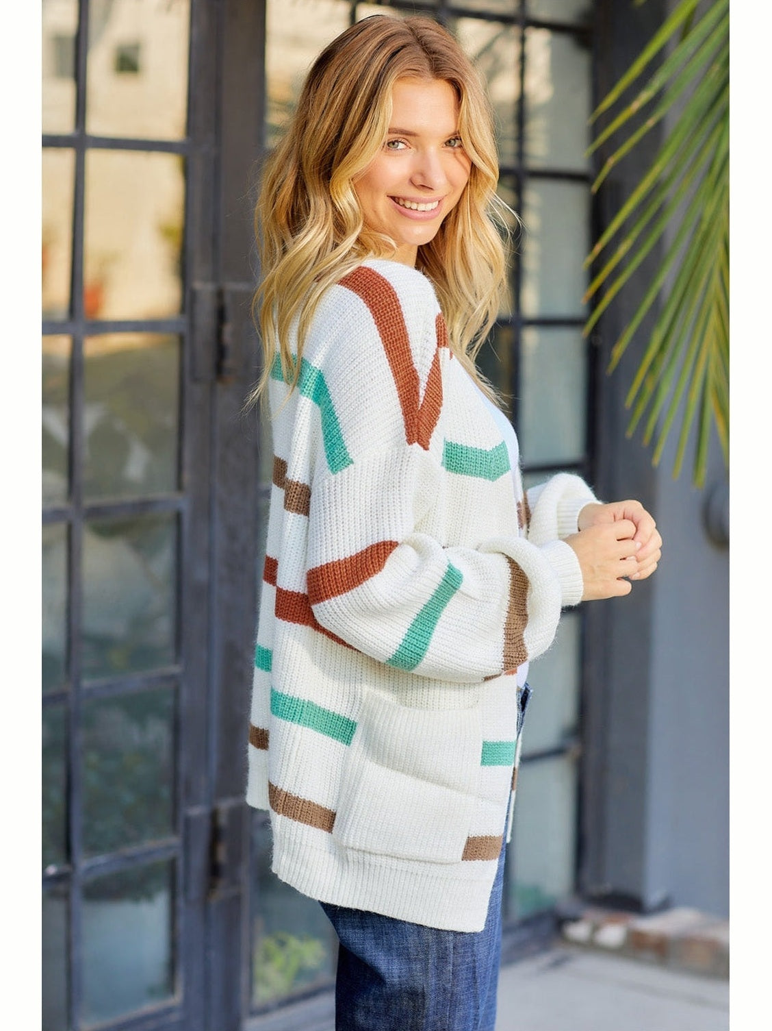 Women Striped Open Front Dropped Shoulder Cardigan NicholesGifts