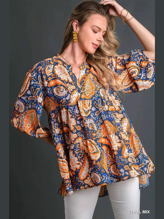 Women Umgee Mix Paisley Boho Tunic Blouse NicholesGifts