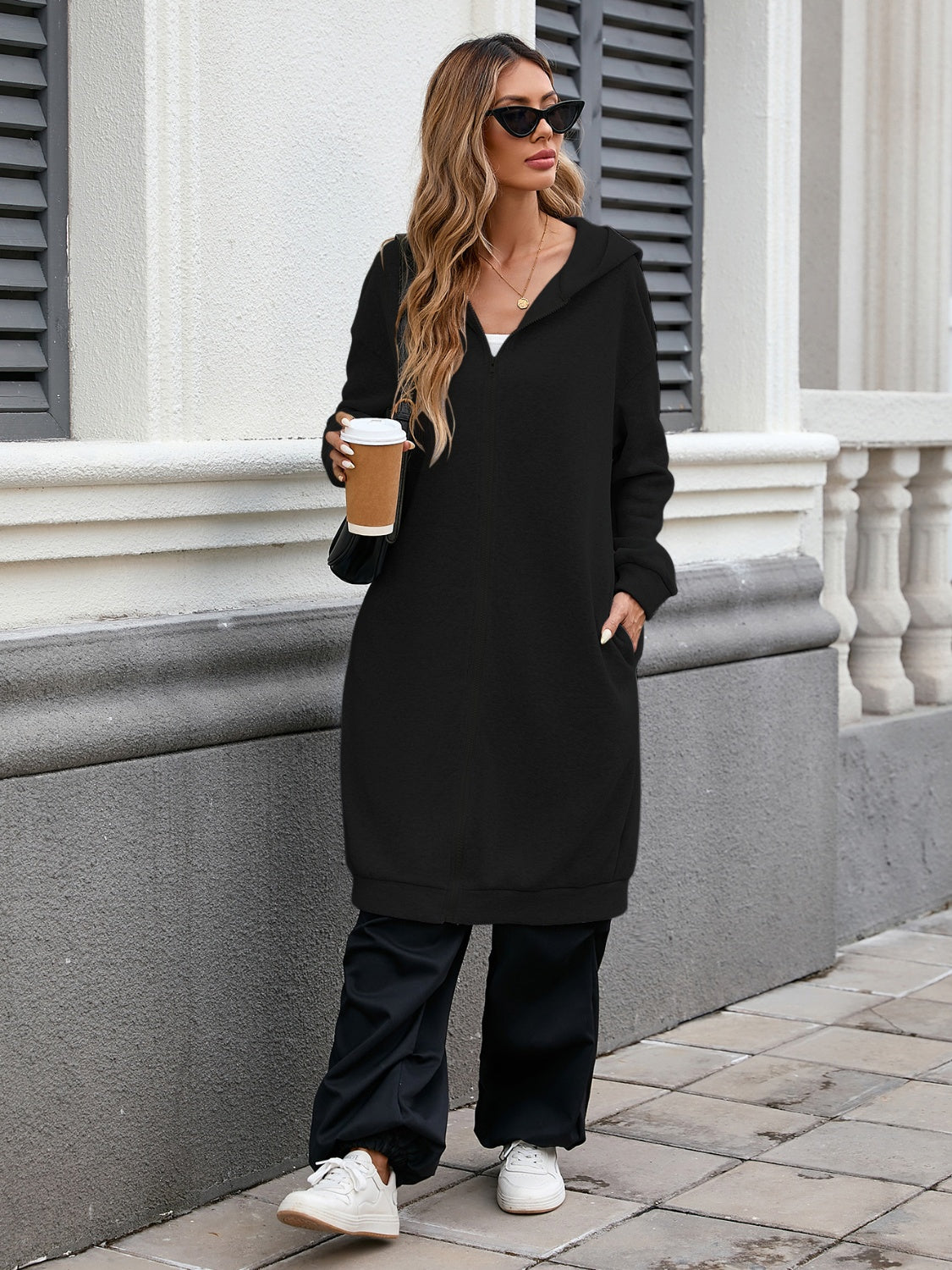 NicholesGifts Women Zip Up Long Sleeve Longline Hooded Outerwear NicholesGifts
